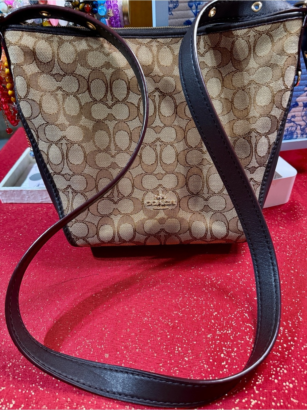 Coach Brown Signature Canvas Crossbody with Dark Brown Leather Trim